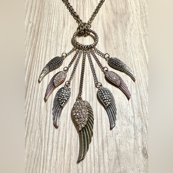VCLM Jewelry - Vintage VCLM Bronze Tone Wing Chandelier Necklace With Cubic Zirconia Accents